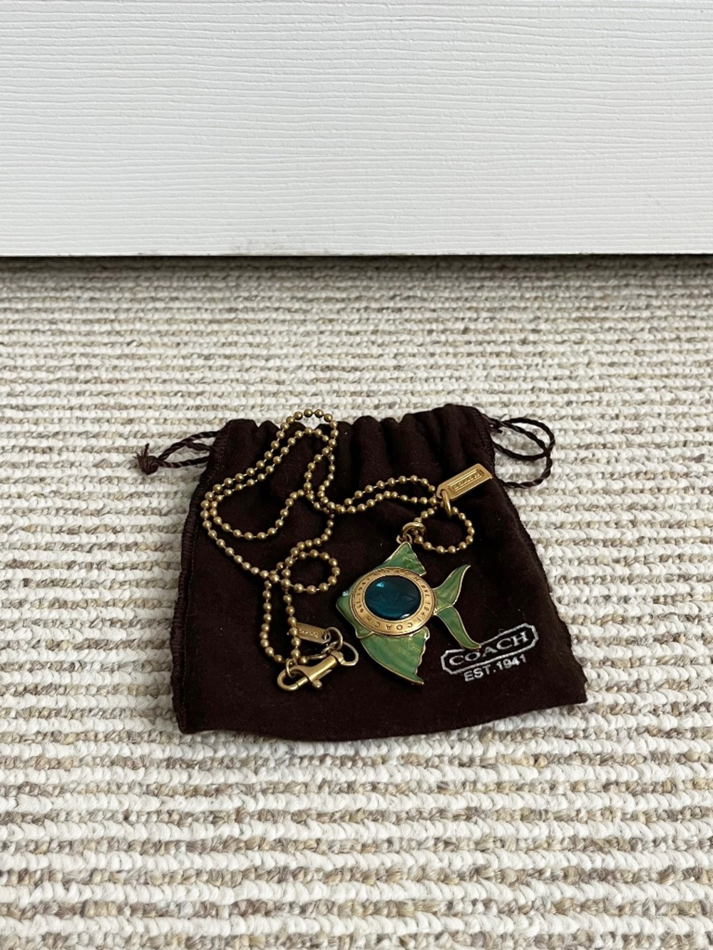 EUC: RARE Coach Green / Blue Fish Pendant Gold-Tone Necklace (Y2K)